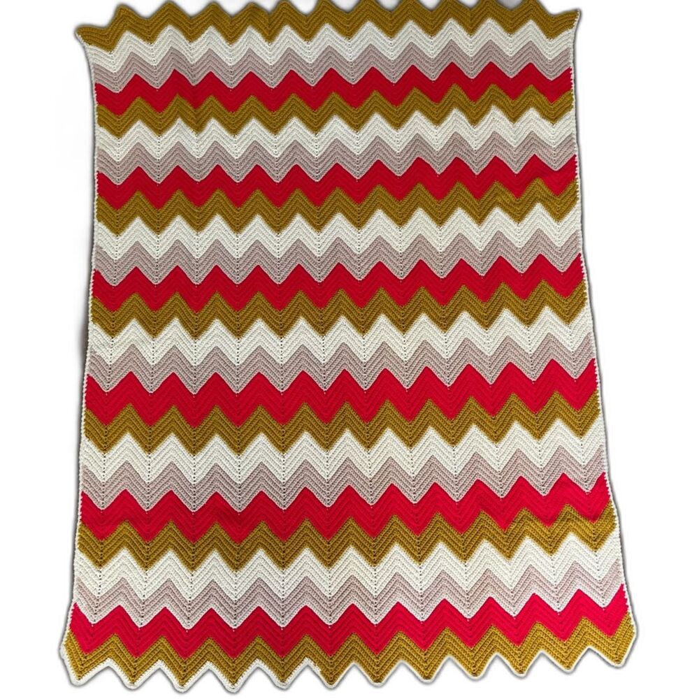 Vintage Crochet Afghan Throw Blanket MCM 1970s Red Taupe 64x48 Zig Zag Chevron